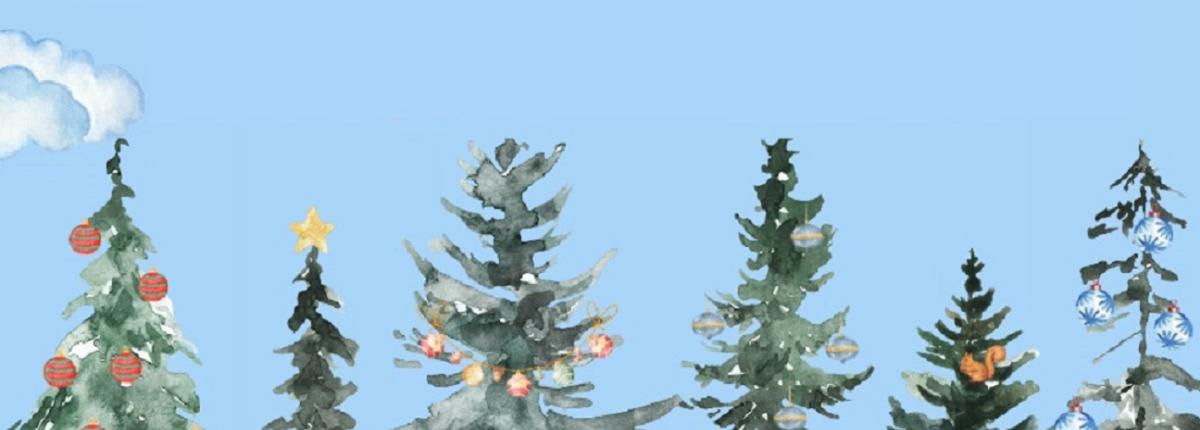 Acuarela copas de arboles decoradas de navidad y cielo azul